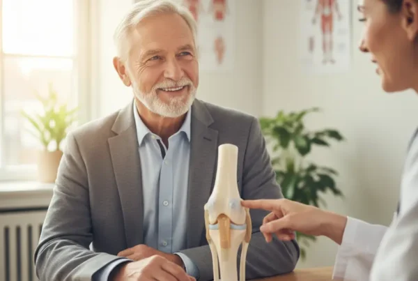 Mature patient discussing non-surgical knee pain treatment with a doctor in a Leesburg clinic.