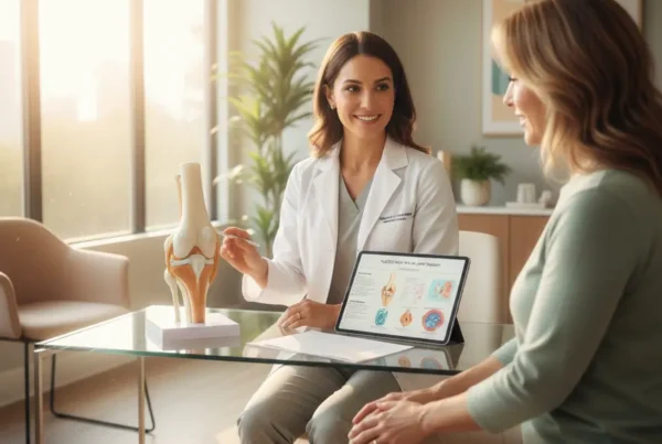 Doctor discusses stem cell therapy for knee pain with a patient using a knee model.