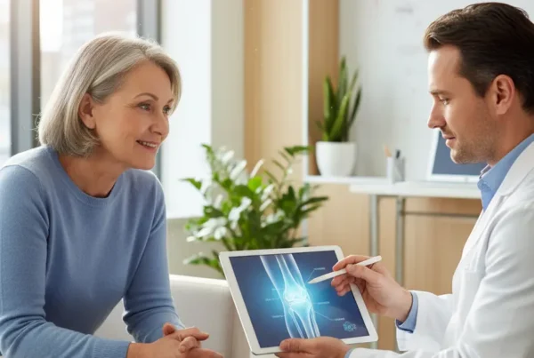 Patient discussing stem cell therapy for knee pain with a doctor in a clinic.