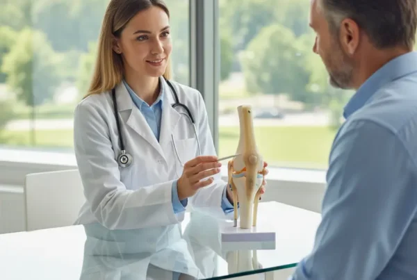 Doctor explaining a knee model to a patient during a stem cell therapy consultation.
