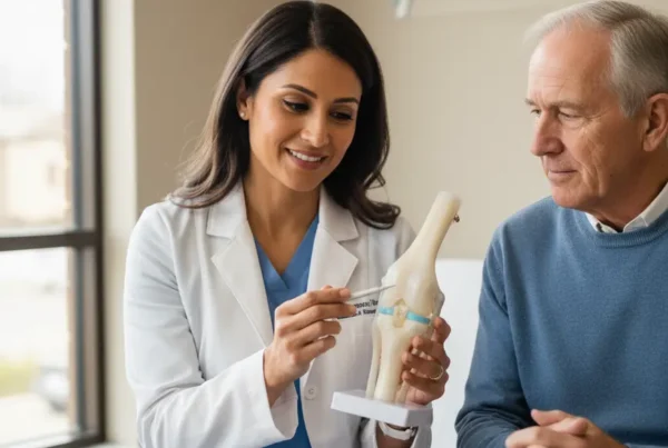 Medical specialist discussing non-surgical stem cell therapy for knee pain with a patient.