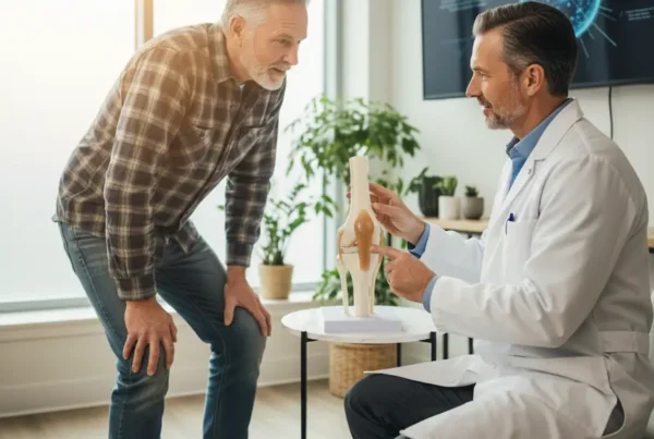Doctor explaining regenerative knee therapy options to an older male patient in a clinic setting.