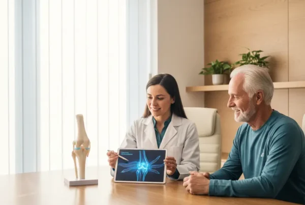A doctor explains stem cell therapy for knee pain to a senior patient.