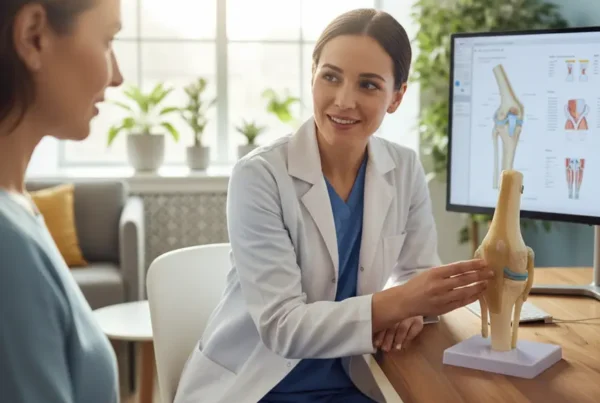 Doctor explains non-surgical knee pain treatment to a patient in a Minneola-area clinic.