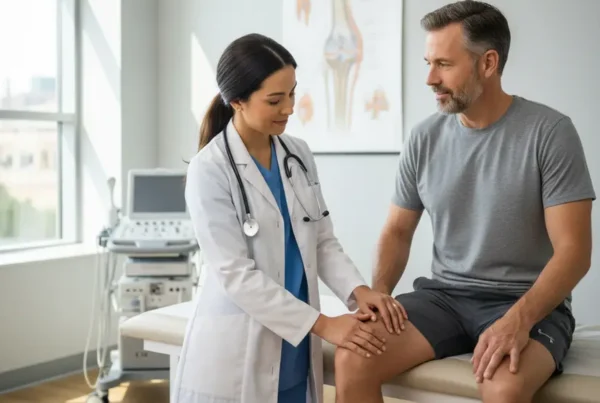 Doctor examining a patient's knee for stem cell therapy in a Winter Garden clinic.