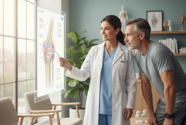 A doctor discusses stem cell therapy for knee pain with a patient in a clinic.