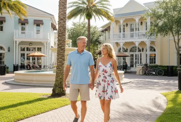Active older couple walking happily through the Celebration, FL Town Center after knee therapy.