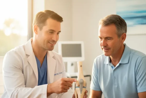 Regenerative medicine specialist explaining knee treatment options to an active older male patient.