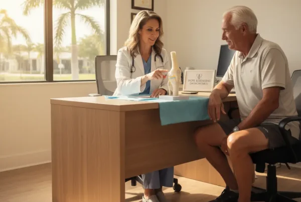 Doctor explaining stem cell therapy for knee pain to a patient in a clinic.
