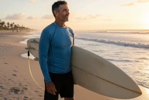 Man in his 50s holding a surfboard on New Smyrna Beach after knee therapy.