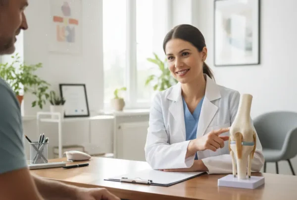 Doctor explaining knee anatomy to a patient during a stem cell therapy consultation.