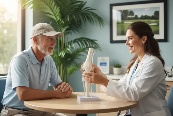 Doctor explains a knee model to a senior couple seeking stem cell therapy.