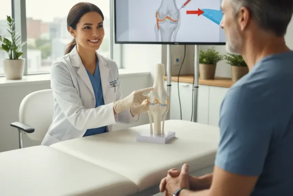Medical specialist explaining non-surgical knee therapy to a patient using a knee model.