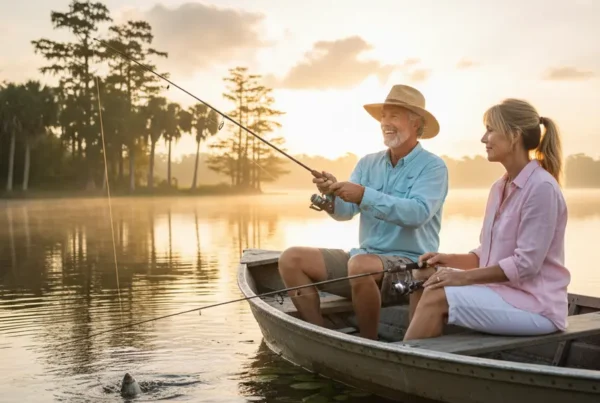 Active older couple fishing on a Florida lake, moving without knee pain after therapy.