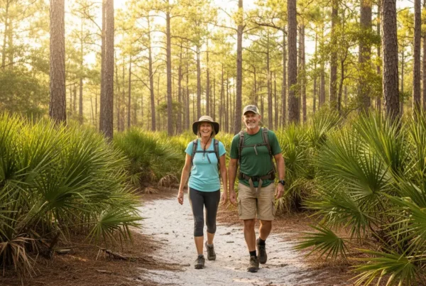 Active older couple hiking on a sunny forest trail after stem cell therapy in Umatilla.