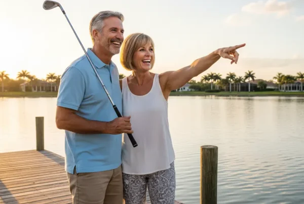 Couple enjoying lakeside life in Windermere, FL after non-surgical knee pain treatment.