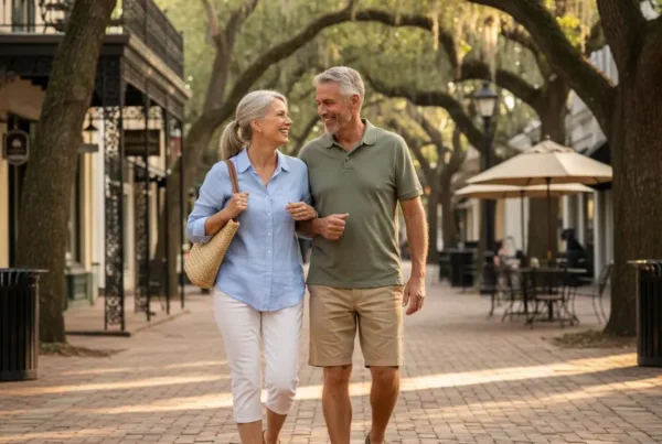 Couple walking comfortably on a brick path after stem cell therapy in Winter Park.