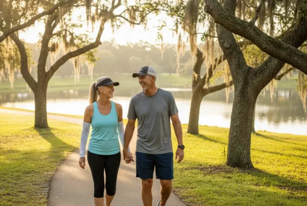 Active couple walking on a scenic Lake County trail after non-surgical knee therapy.