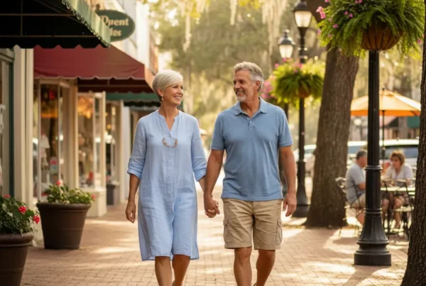 Active older couple walking happily on a brick sidewalk in downtown Mount Dora.