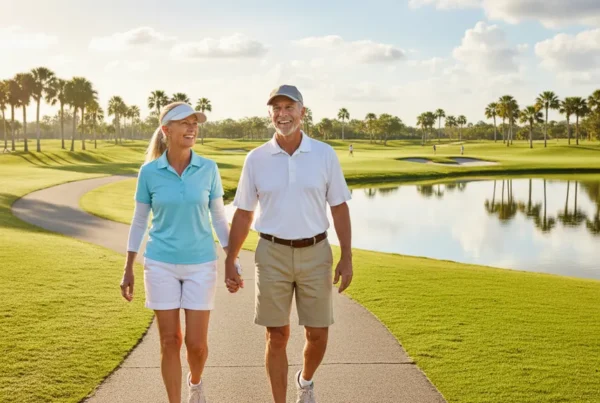 Active senior couple enjoys a walk on a sunny Florida golf course path.