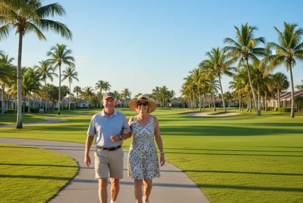 Active senior couple walking pain-free in The Villages, FL after stem cell therapy.