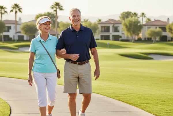 Active senior couple walking happily on a sunny golf course path in Leesburg, Florida.