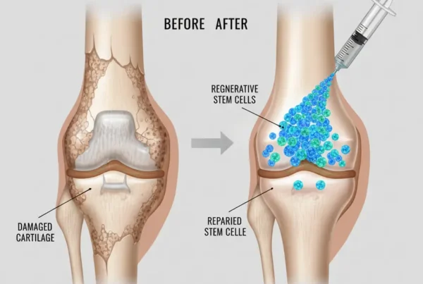 Medical illustration showing stem cell therapy repairing damaged cartilage in a knee joint.