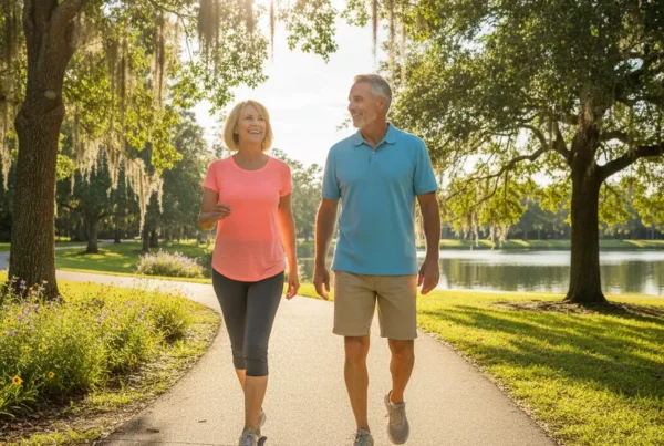Active couple walking in a park after stem cell therapy for knee pain in Altamonte Springs.
