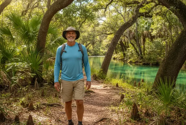 Man in his 50s hiking comfortably on a Florida trail after knee stem cell therapy.