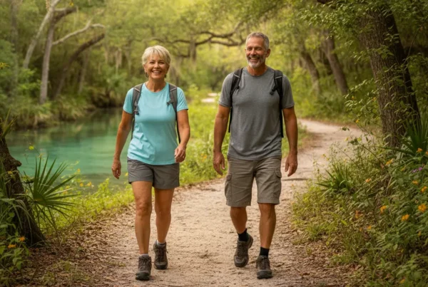 Couple enjoying a pain-free hike in Florida after stem cell therapy for knee pain.