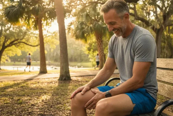 Man smiling at his healthy knee after non-surgical stem cell therapy in Belleview.