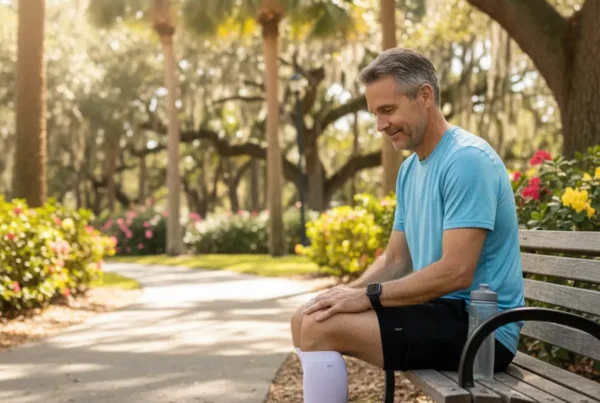 Man feeling his knee with relief in a Casselberry park after stem cell therapy.
