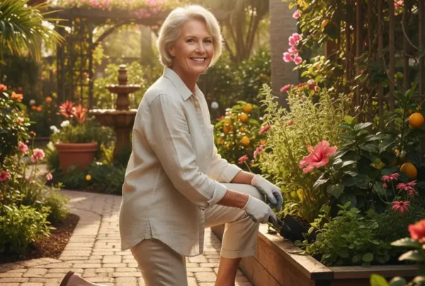 Older adult kneeling comfortably in a garden, representing relief from knee pain after therapy.