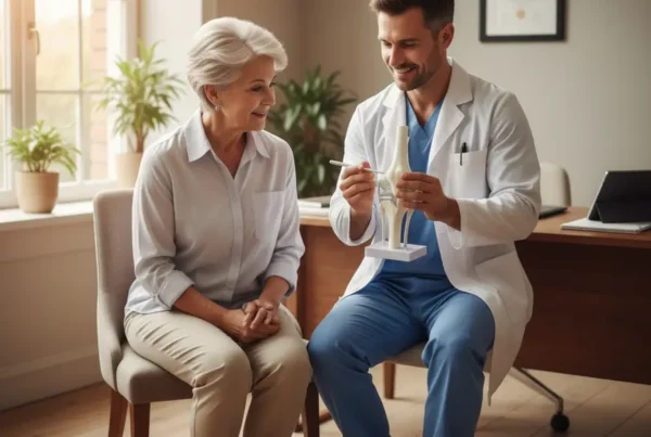 A doctor explains a knee model to a senior patient during a stem cell therapy consultation.