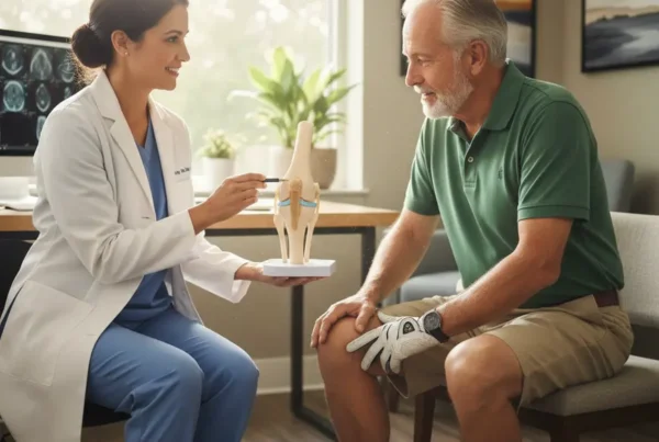 A doctor explains non-surgical stem cell therapy for knee pain to a senior patient.