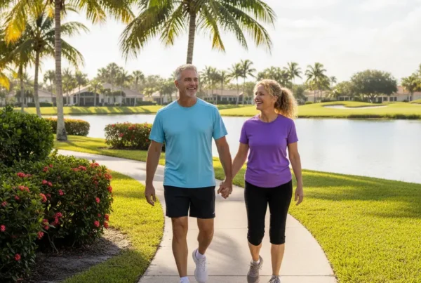 Active couple walking happily on a lakefront path after non-surgical knee treatment.