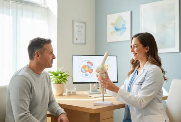 Doctor explaining a knee model to a patient during a stem cell therapy consultation.