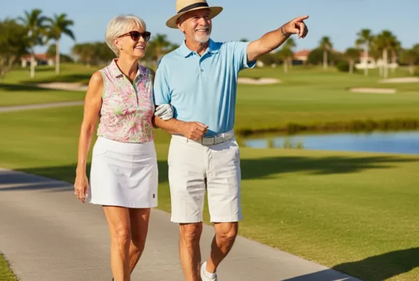 Happy senior couple walking on a golf course after stem cell therapy for knee pain.