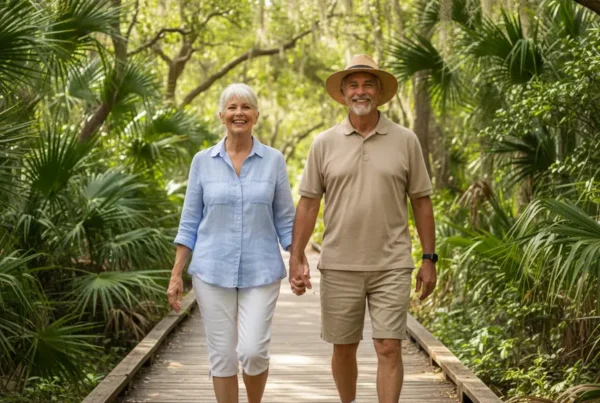 Older couple walking happily on a park boardwalk after stem cell therapy for knee pain.