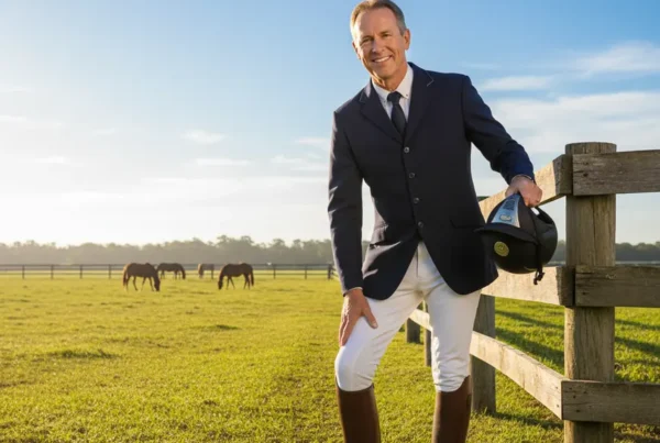 Man in equestrian gear smiling with relief by a horse farm fence in Marion County.
