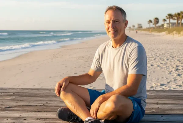 Man feeling knee relief after stem cell therapy on a New Smyrna Beach boardwalk.