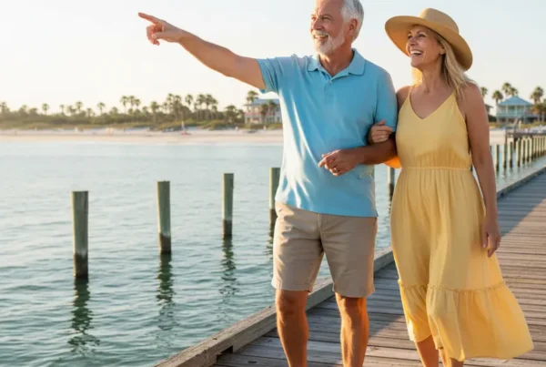 Couple walking happily on Ormond Beach pier after stem cell therapy for knee pain.