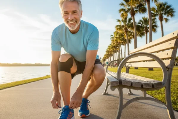 Man tying his shoe on a bench, ready for a walk after stem cell therapy.