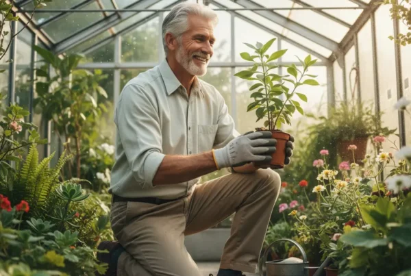 Active senior man kneeling comfortably in a greenhouse after stem cell therapy for knee pain.