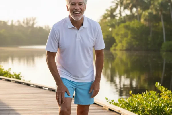 Man smiling with relief while touching his knee on a sunny Florida boardwalk.