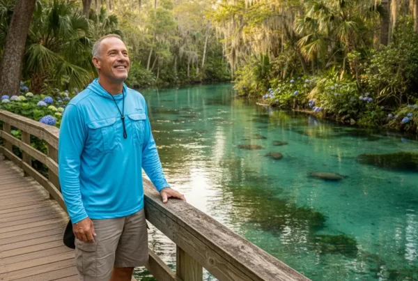 Active older man enjoying Silver Springs park after non-surgical knee treatment.