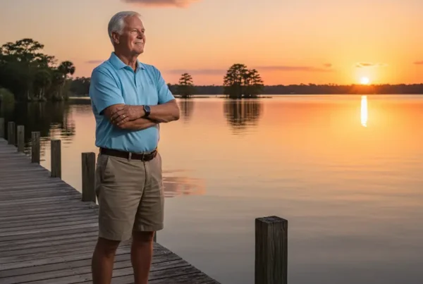 Man enjoying a lakeside view in Tavares, FL after non-surgical knee pain therapy.