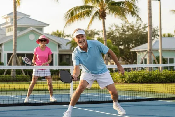 Active senior couple playing pickleball in The Villages, FL after knee pain treatment.