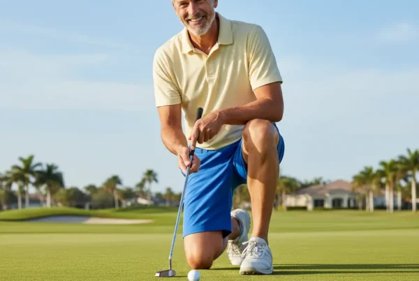 Man kneeling comfortably on a golf course after stem cell therapy for knee pain.