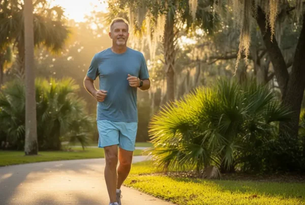 Man in his 50s jogging happily on a sunny Florida trail after knee therapy.